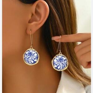 Anthropologie Gold and Blue Floral Earrings